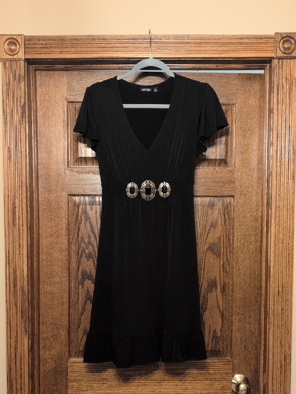 Apt. 9 Black V-Neck Midi Dress with Decorative Buckle Detail